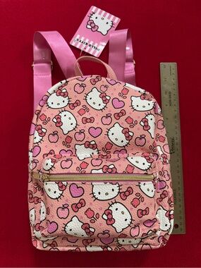 NWT Hello Kitty Pink Patterned Mini Backpack with Hearts & Apples